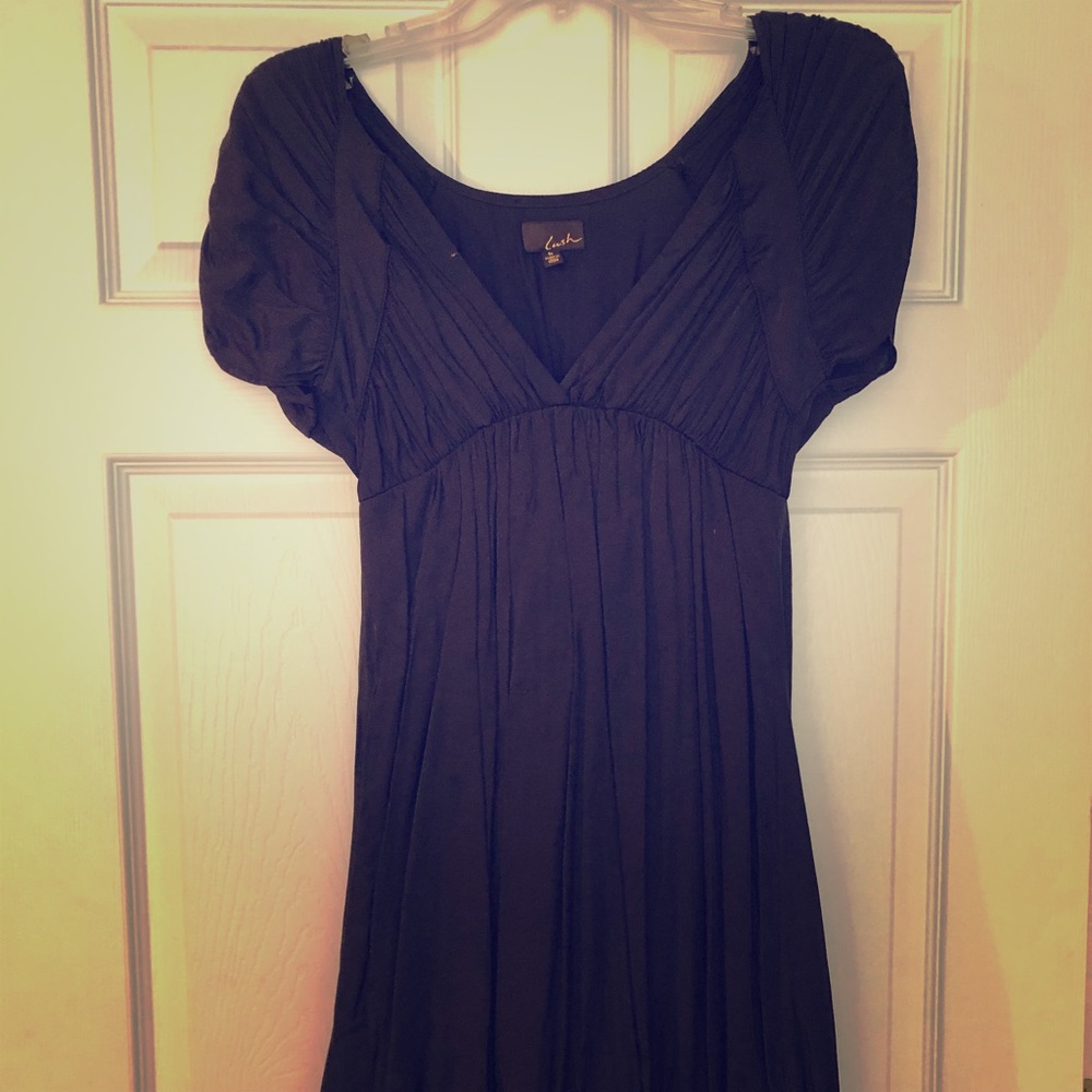 Lush Womens V-Neck Short Sleeve Cinched Mini Pullover A-Line Dress Black Medium
